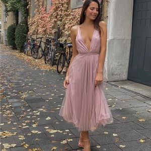 NWT Selfie Leslie Floating By Pleated Neckline Mesh Midi Dress in Blush Small